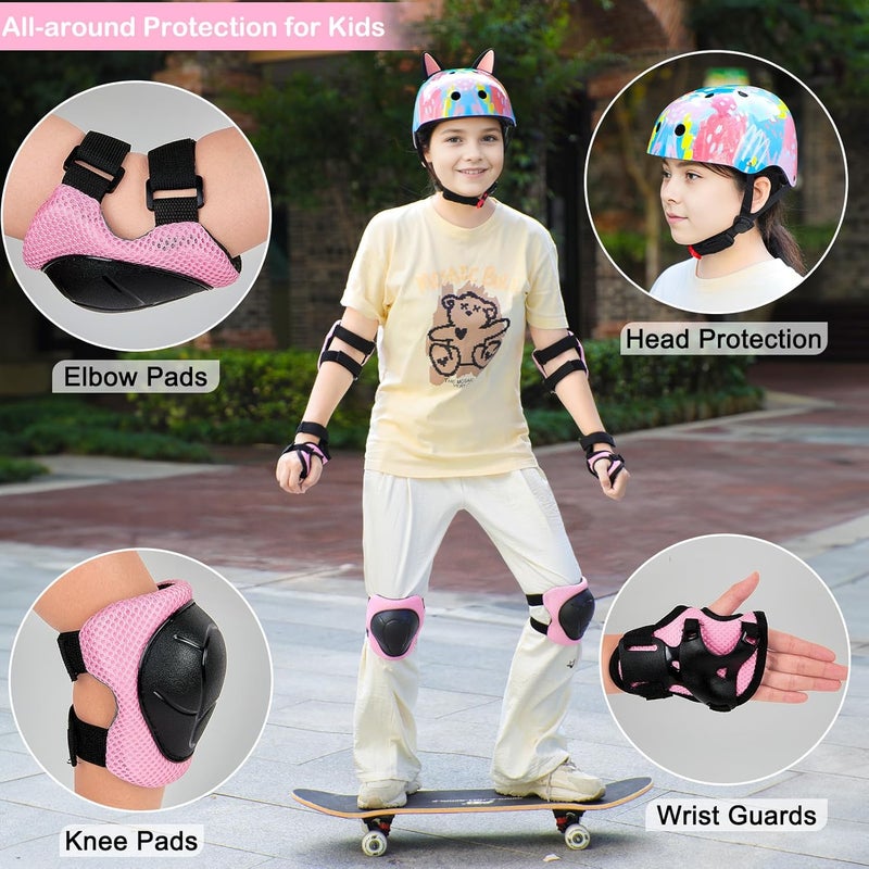 FIODAY Kids Helmet, Bike Helmets for Kids 8-14 with Knee Pads and Elbow Pads Wrist Guards, Adjustable Youth Girls Bike Helmet with DIY Cat Ears Skateboard Helmet for Scooter Skating Cycling - Image 2